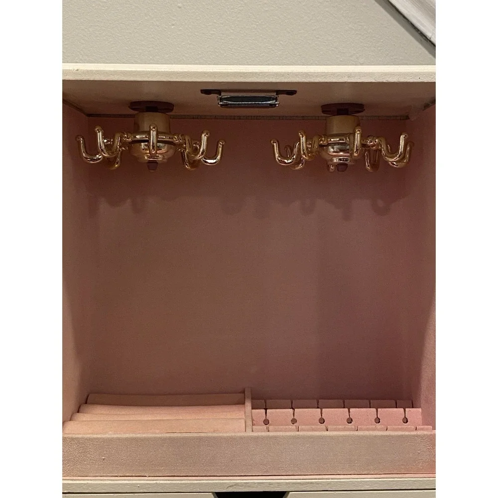Vintage Jewelry Armoire Box Double Glass Doors, Drawer, Hooks, Pink Velvet Lined